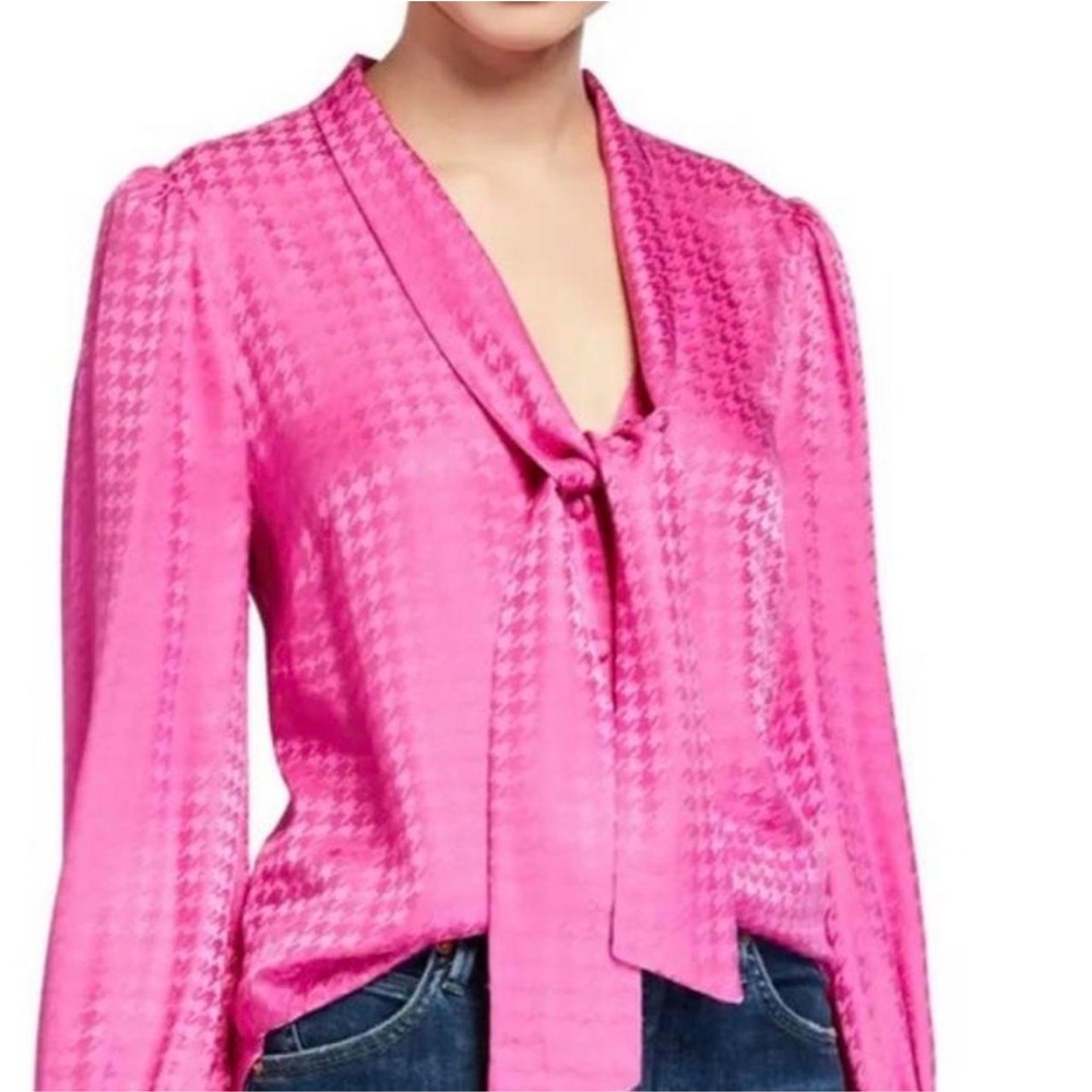 NWT💕 VERONICA BEARD Nicky Tie Neck Houndstooth Jacquard Pink Silk Top